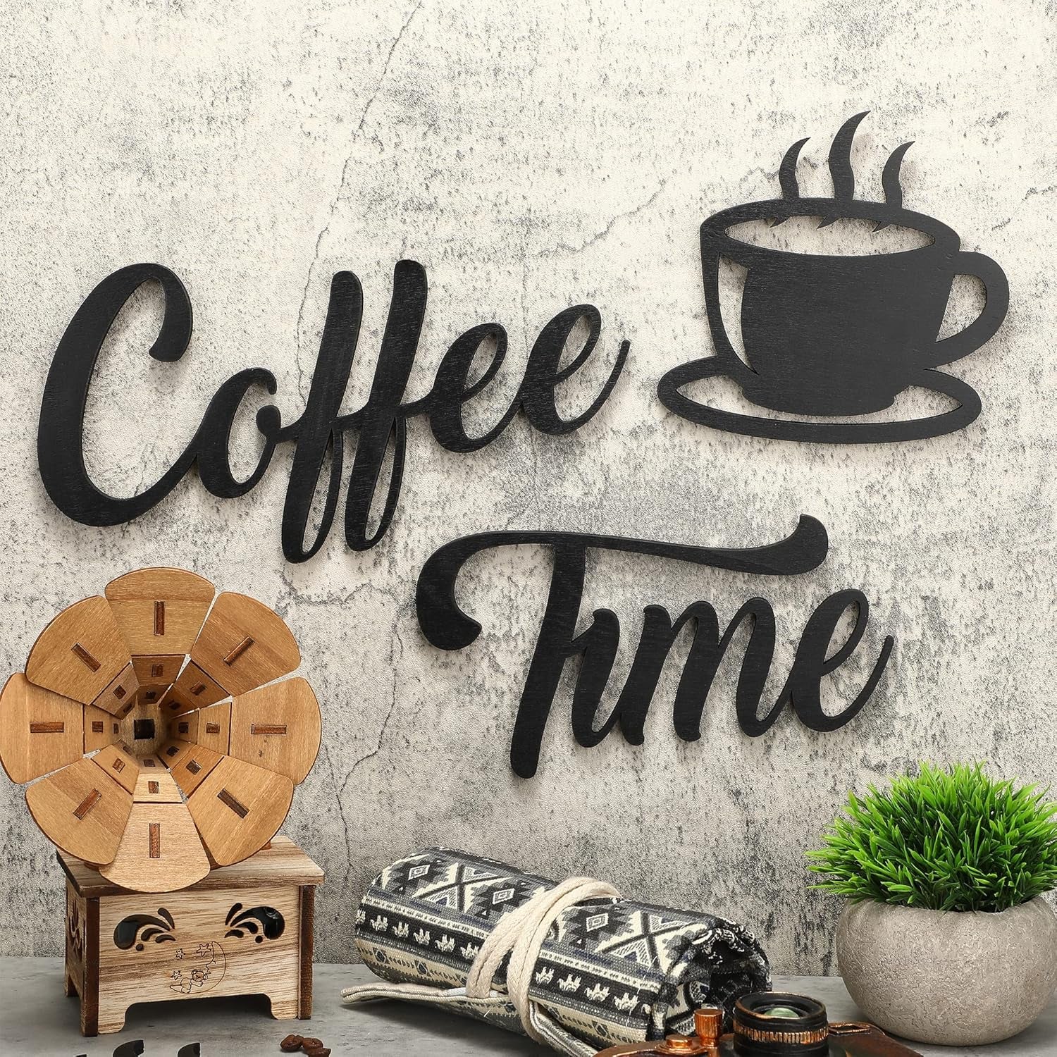 Coffee Time Rustic Wall Decor Set (7-Piece) – Farmhouse Coffee Bar Signs with Coffee Cups & Beans for Kitchen, Home Office, or Café