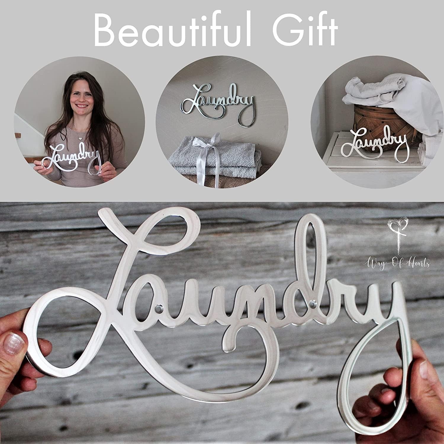 Metal Laundry Sign for Wall Decor - Silver, 11 X 6.3 Inches Laundry Room Decor - Hand Polished Stainless Steel with Installation Kit - Metal Script Words Decoration
