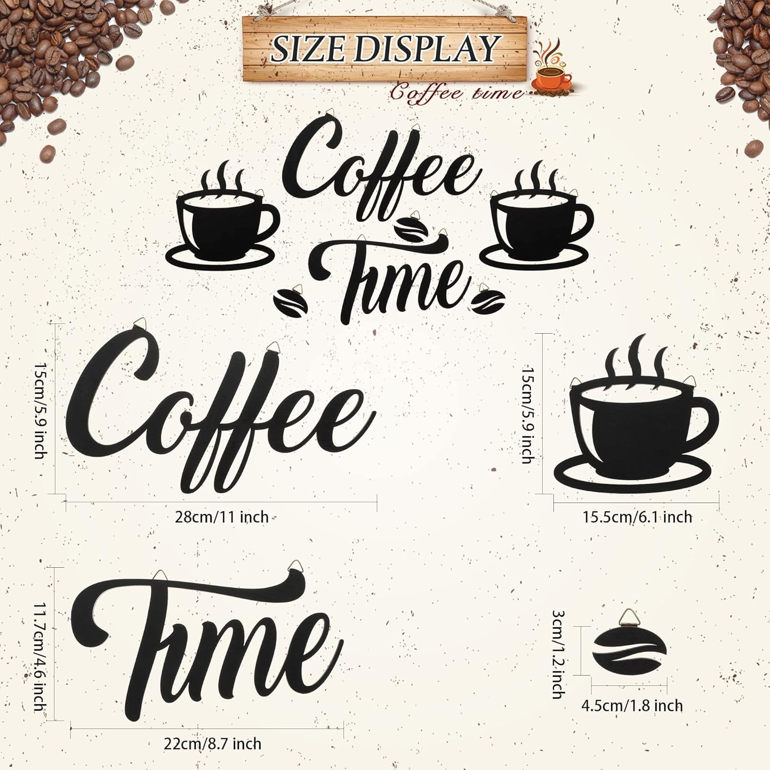 Coffee Time Rustic Wall Decor Set (7-Piece) – Farmhouse Coffee Bar Signs with Coffee Cups & Beans for Kitchen, Home Office, or Café