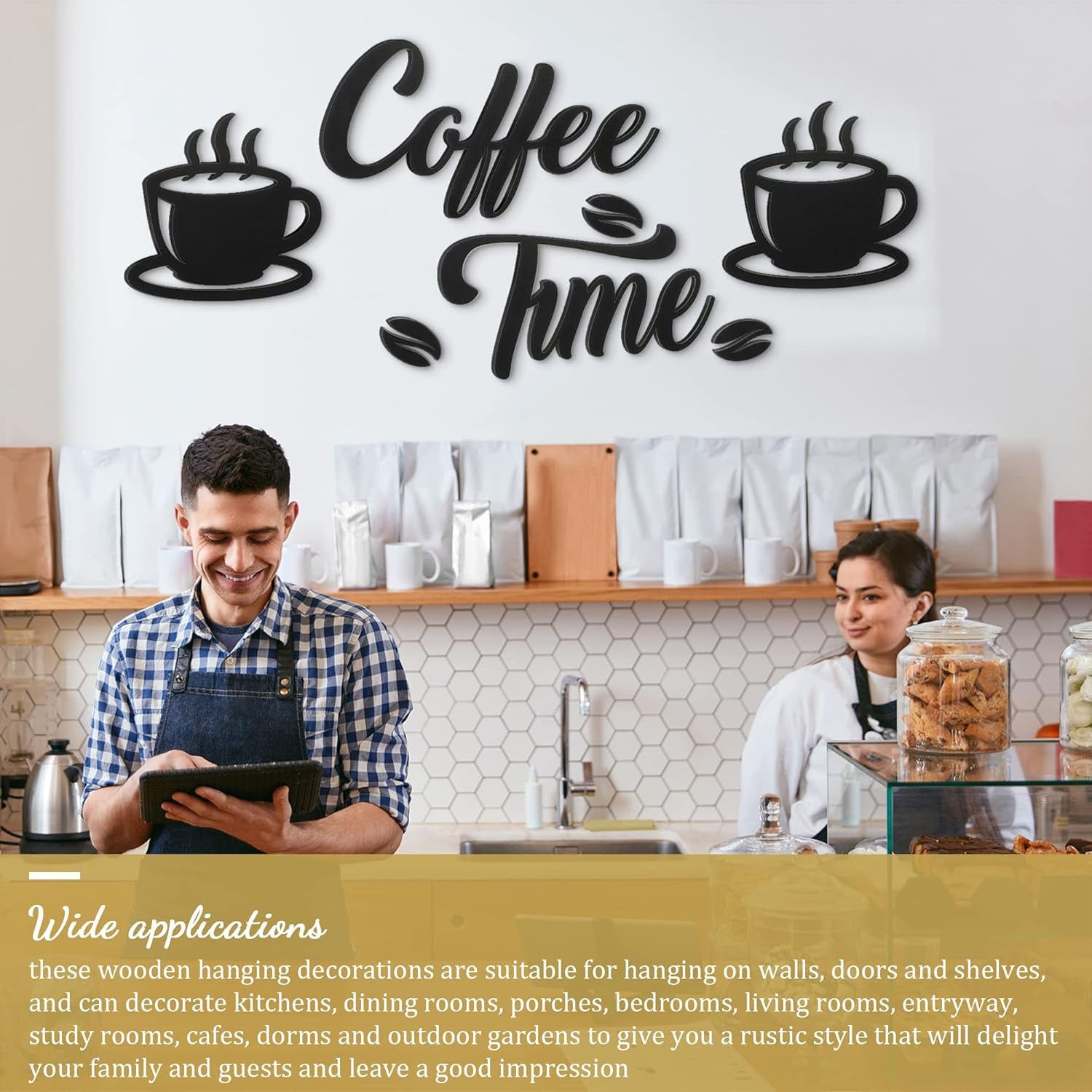 Coffee Time Rustic Wall Decor Set (7-Piece) – Farmhouse Coffee Bar Signs with Coffee Cups & Beans for Kitchen, Home Office, or Café