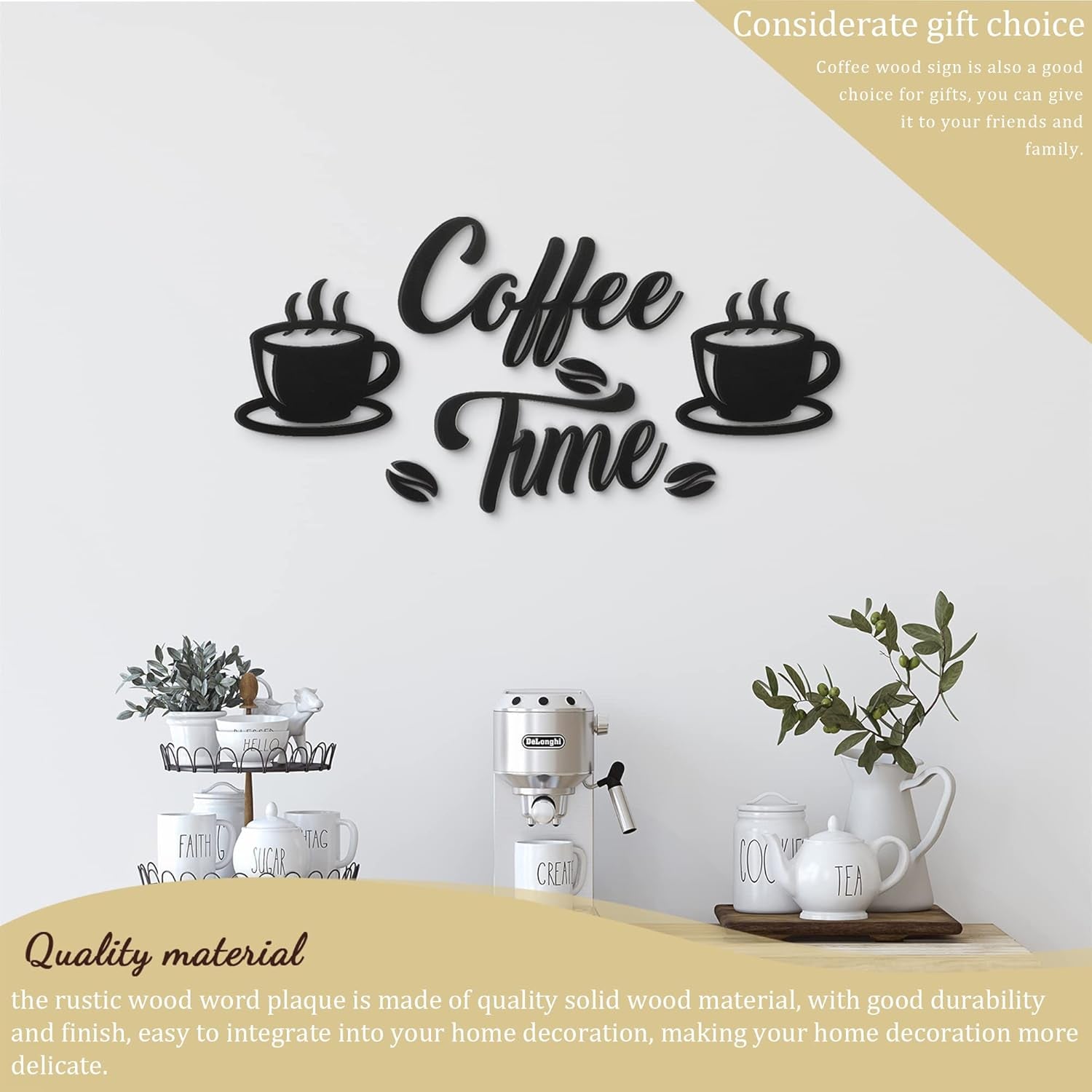 Coffee Time Rustic Wall Decor Set (7-Piece) – Farmhouse Coffee Bar Signs with Coffee Cups & Beans for Kitchen, Home Office, or Café