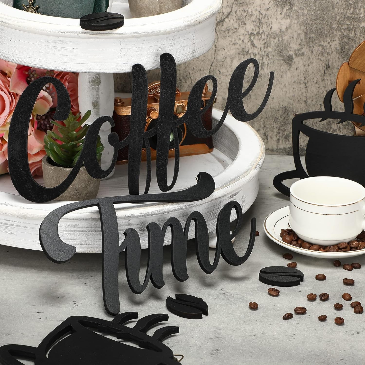 Coffee Time Rustic Wall Decor Set (7-Piece) – Farmhouse Coffee Bar Signs with Coffee Cups & Beans for Kitchen, Home Office, or Café